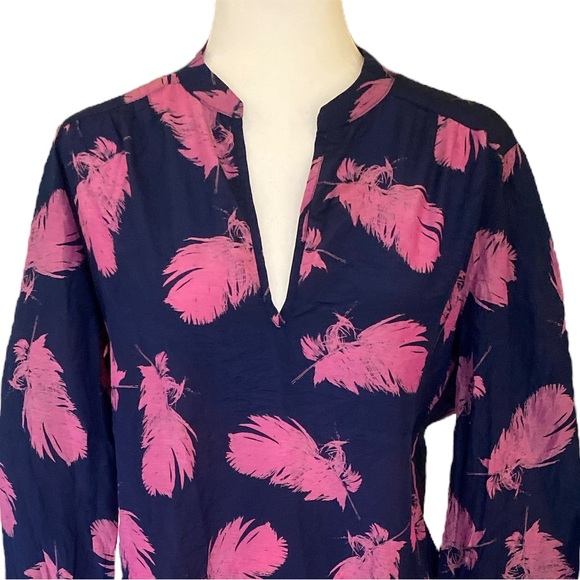 Amanda Uprichard Navy Blue & Pink Feather Print Tunic Top - M - Picture 2 of 10